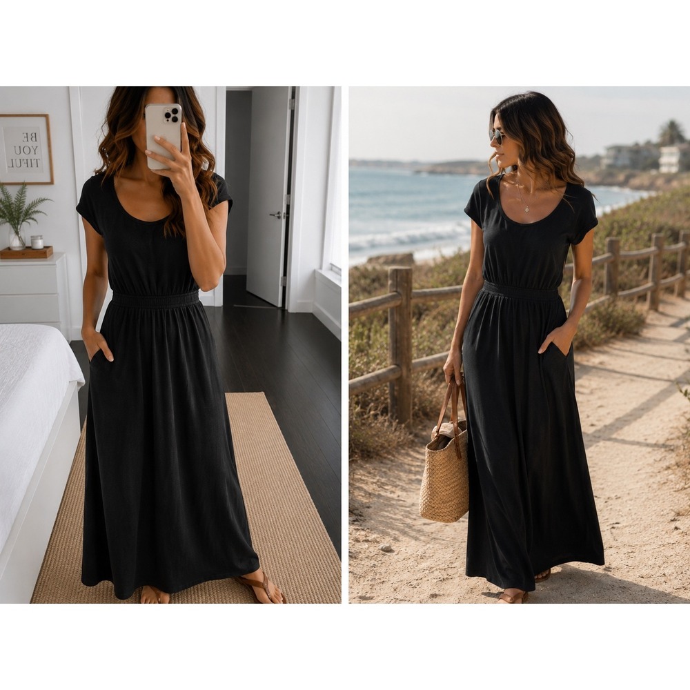 Free People FP Beach Black Cutout Maxi Dress Women's S Soft Cotton Boho Casual